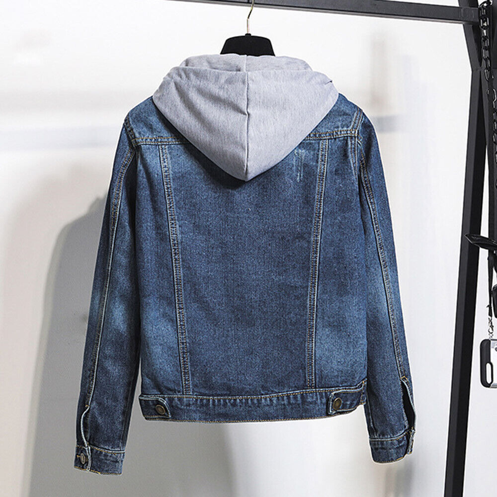 Comfortable plus size women's hooded jacket for winter wear. Stylish denim outerwear for cold seasons.