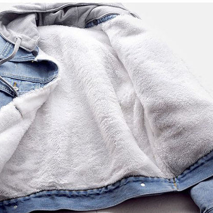 Stylish women's plus size hooded denim jacket, essential fall fashion & winter outerwear for comfort.