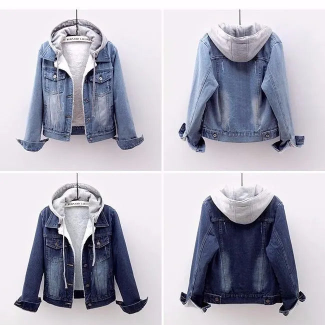 Dark blue women's plus size hooded jacket, a versatile denim outerwear for comfortable fall and winter wear.