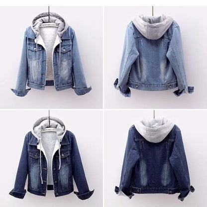 Dark blue women's plus size hooded jacket, a versatile denim outerwear for comfortable fall and winter wear.