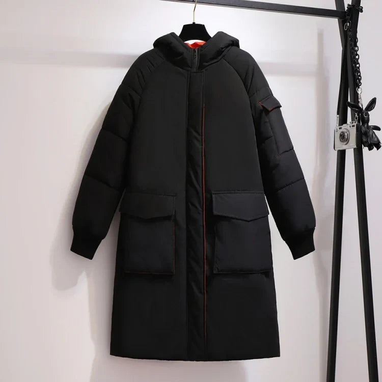 Women's plus-size long padded winter jacket, oversized & hooded, for ultimate warmth and style.