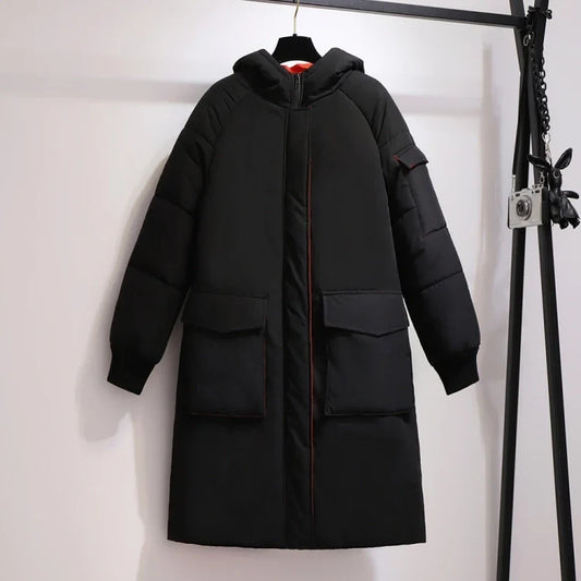 Women's plus-size long padded winter jacket, oversized & hooded, for ultimate warmth and style.