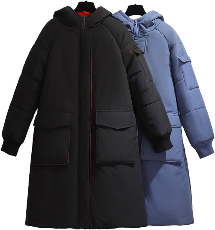 Women's plus-size long puffer winter jacket, warm, cozy & fashionable for everyday wear.