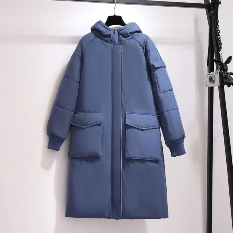 Stylish women's plus-size long puffer coat for winter, warm & cozy in cold weather.