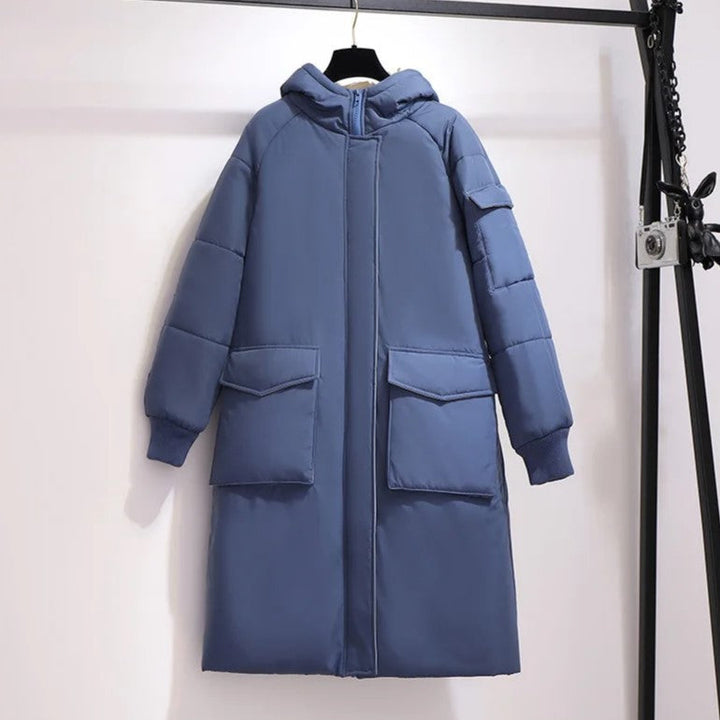 Stylish women's plus-size long puffer coat for winter, warm & cozy in cold weather.