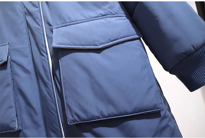 Fashionable plus-size women's long winter jacket, padded & warm, perfect for outdoor style.