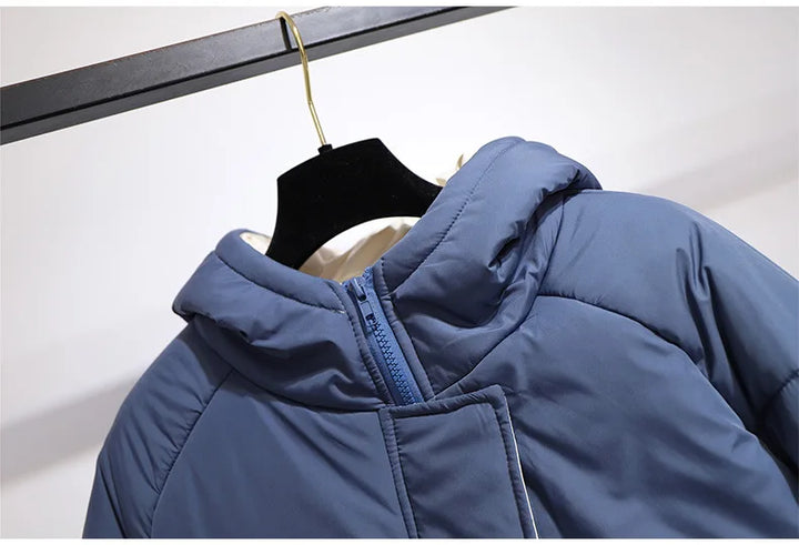 Comfortable plus-size women's long puffer coat, hooded for extra warmth in winter.