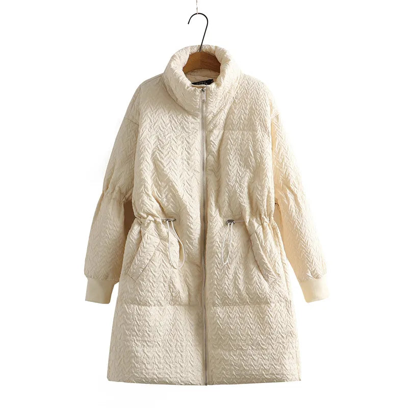 Women's plus-size mid-length puffer winter coat, cozy warmth.
