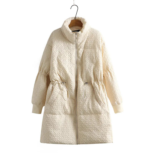 Women's plus-size mid-length puffer winter coat, cozy warmth.
