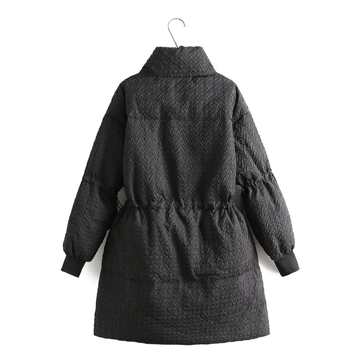 Warm women's winter coat, mid-length plus-size outerwear.