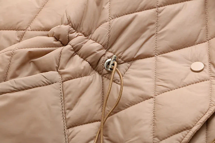 Elegant fall leaf print women's plus size jacket, quilted for warmth & style.