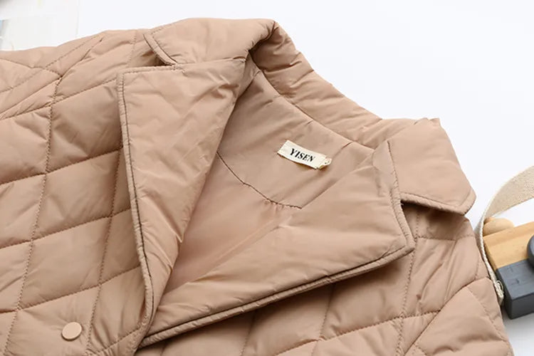 Warm plus size women's quilted jacket, fall leaf print. Great for autumn & winter.