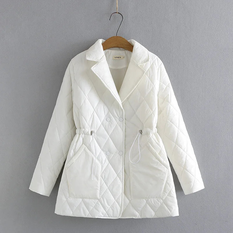 Stylish plus size women's quilted jacket, fall leaf print. Warm autumn outerwear.