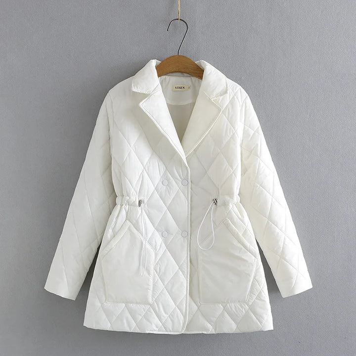 Stylish plus size women's quilted jacket, fall leaf print. Warm autumn outerwear.