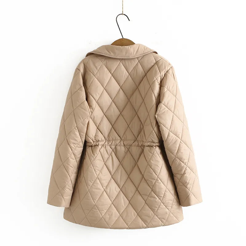Flattering fit plus size padded jacket for women, chic autumn leaf print.