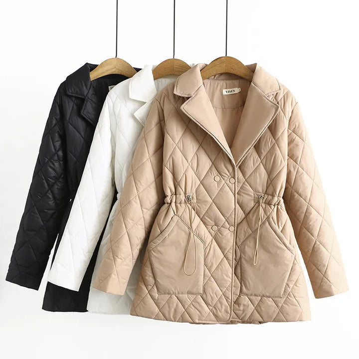 Elegant fall leaf print plus size women's jacket, quilted and warm for winter.