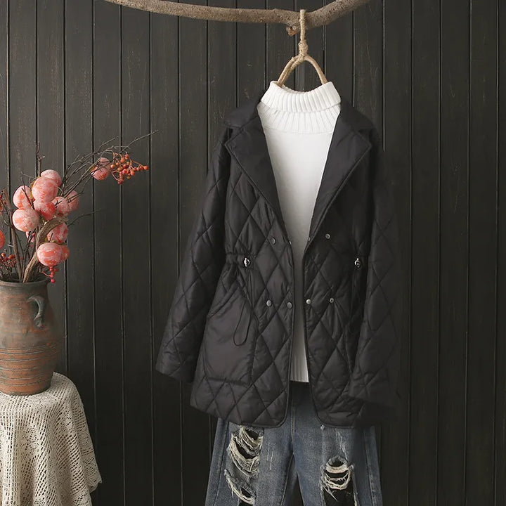 Plus size women's outerwear: padded jacket with stunning fall leaf design. Seasonal.
