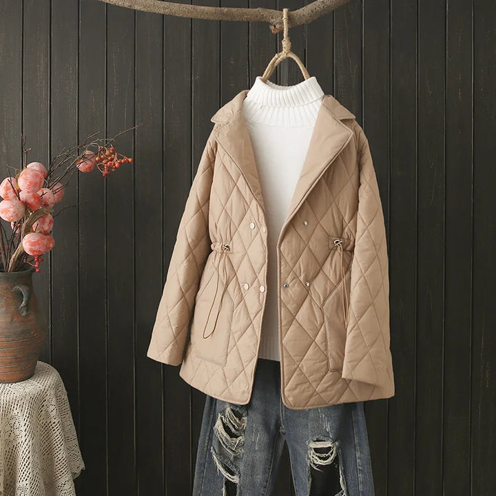 Autumn leaf print padded jacket for women, plus size. Stylish & warm for cool weather.