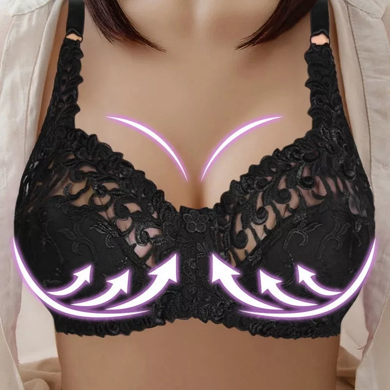 Elegant black lace push-up bra for plus-size women, providing excellent lift & a secure fit.