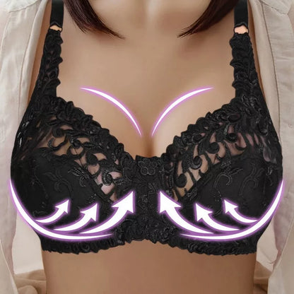 Elegant black lace push-up bra for plus-size women, providing excellent lift & a secure fit.