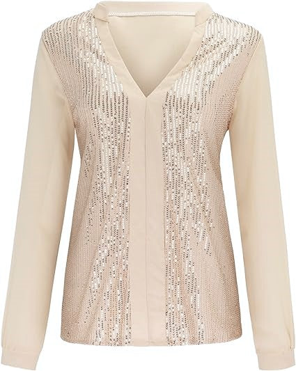 Women's plus size sequin V-neck blouse, elegant long sleeve top perfect for parties.