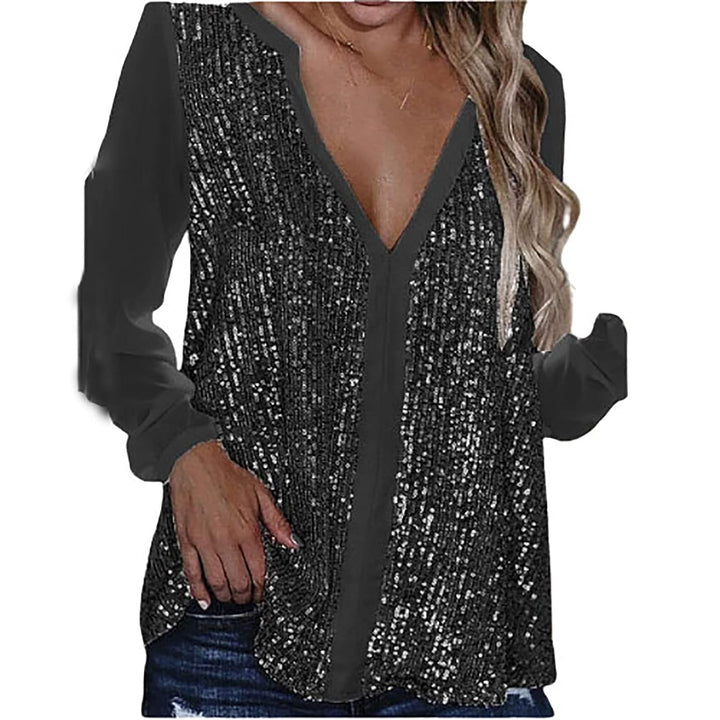 Elegant plus size sequin blouse for women, V-neck design ensuring a comfortable fit.