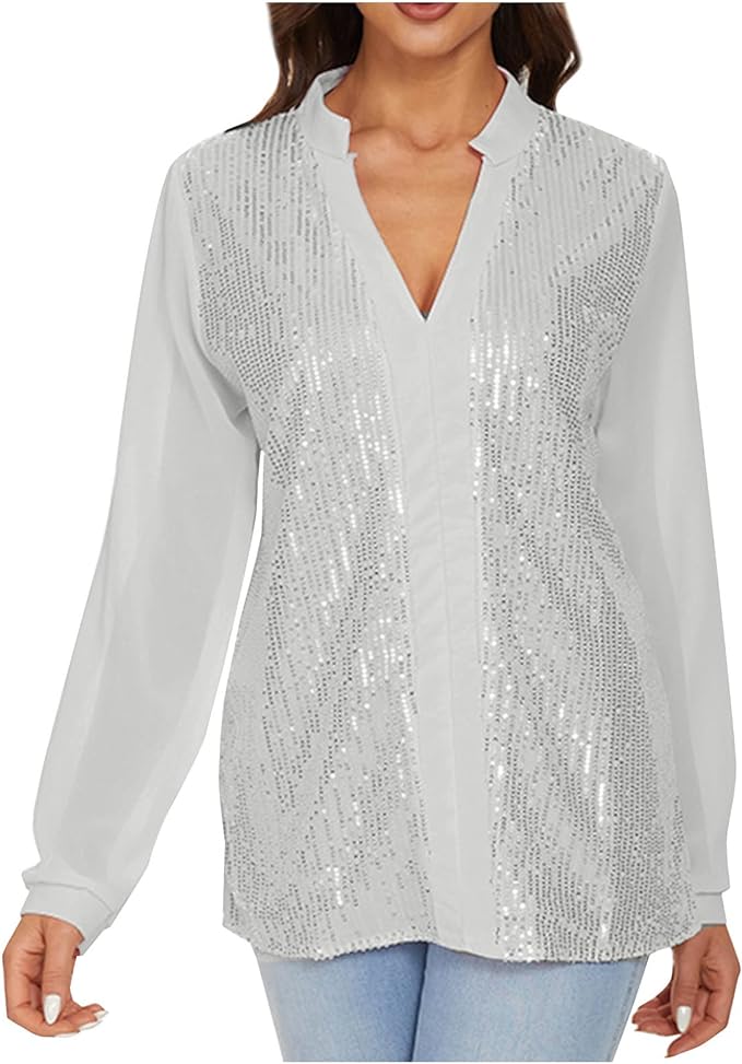 Comfortable plus size sequin V-neck blouse, women's elegant long sleeve top for parties.