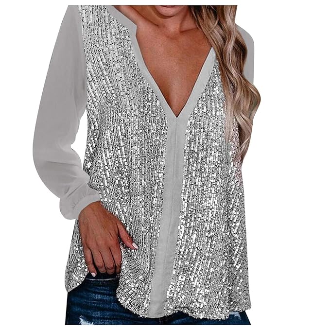 Stylish plus size V-neck sequin top, women's elegant blouse ideal for evening parties.