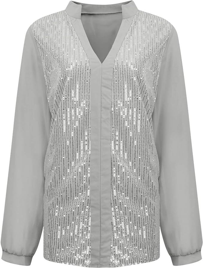 Glamorous plus size V-neck sequin top for women, comfortable long sleeve evening blouse.