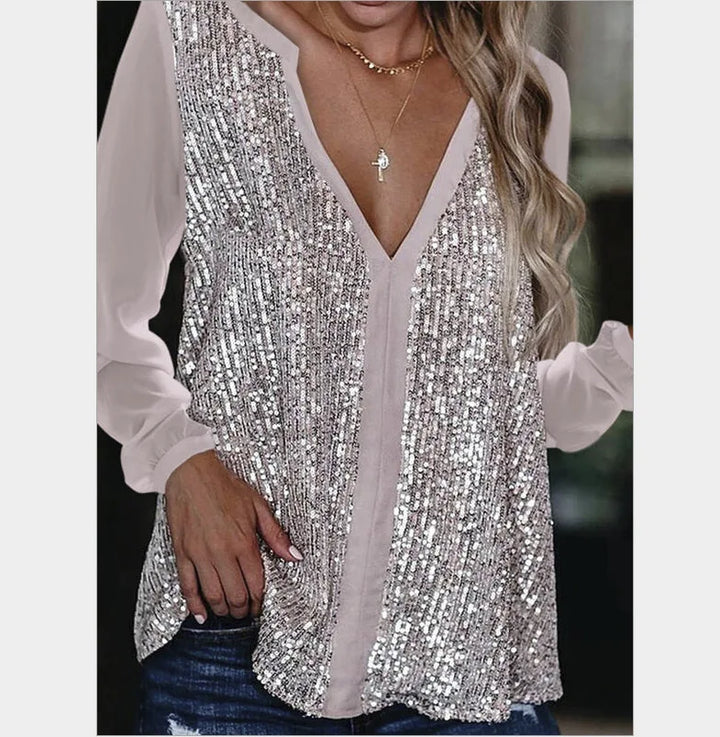 Chic plus size sequin V-neck long sleeve blouse, women's elegant party top for glamour.