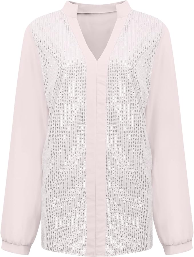 Chic women's plus size sequin V-neck blouse, ideal for elegant evening wear and parties.