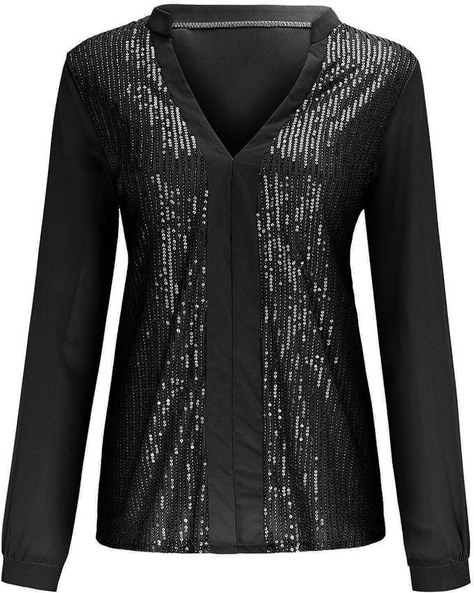Elegant plus size sequin V-neck top, comfortable and stylish long sleeve blouse for women.