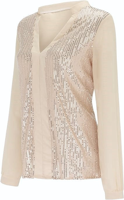 Comfortable women's plus size sequin V-neck blouse, chic long sleeve design for elegance.