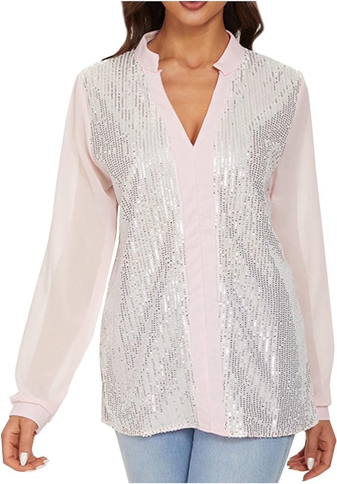 Stylish plus size V-neck sequin top for women, elegant party wear blouse for celebrations.