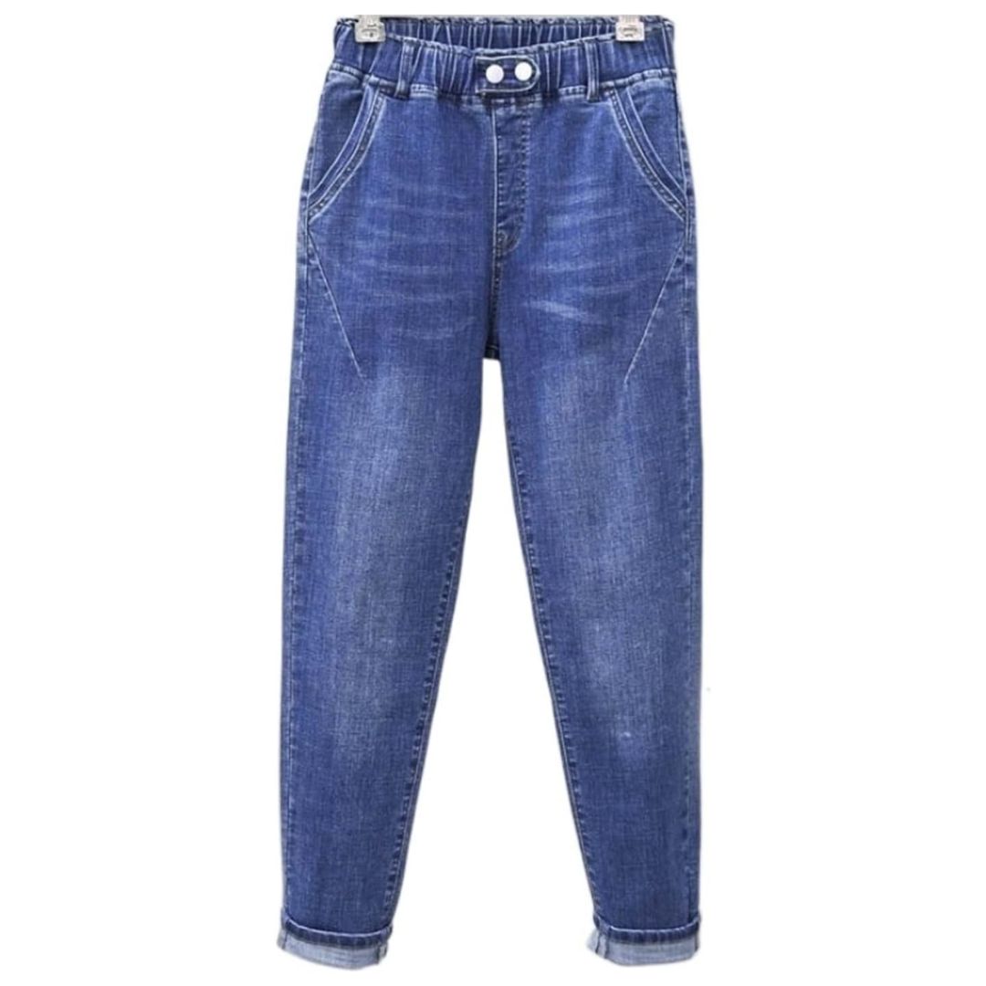Women's plus size stretch baggy jeans, high-waisted for a comfortable, relaxed fit. Perfect casual denim.