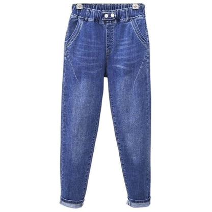 Women's plus size stretch baggy jeans, high-waisted for a comfortable, relaxed fit. Perfect casual denim.