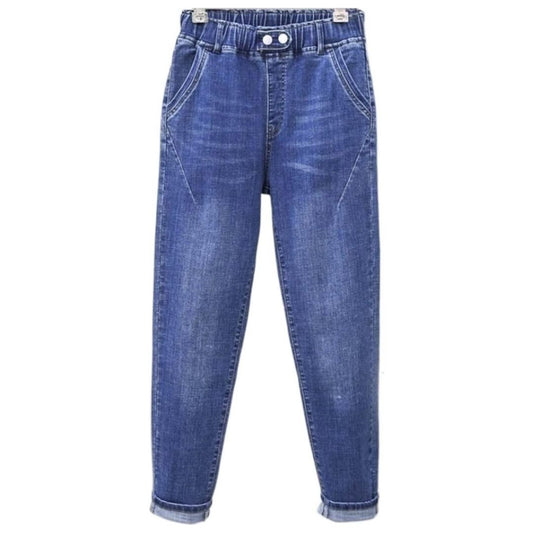 Women's plus size stretch baggy jeans, high-waisted for a comfortable, relaxed fit. Perfect casual denim.