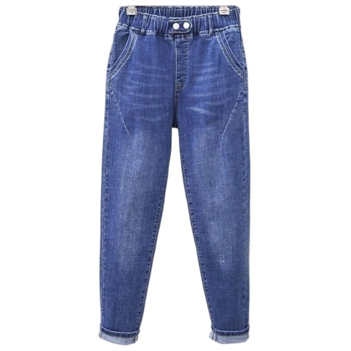 Women's plus size stretch baggy jeans, high-waisted for a comfortable, relaxed fit. Perfect casual denim.