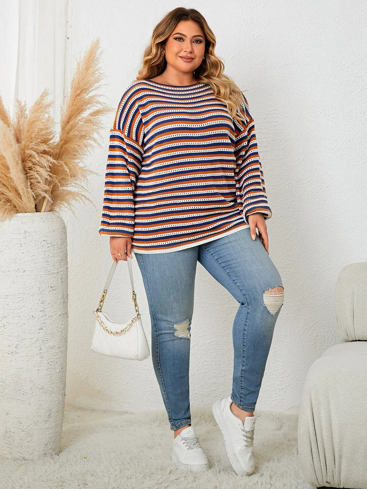 Striped women's plus size pullover sweater. Oversized, long-sleeve, crew neck knit for comfortable fall & winter style.