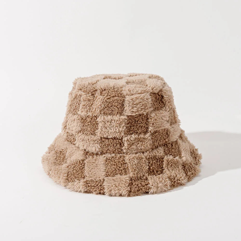 Women's plush checkerboard bucket hat, cozy and warm for fall/winter. Stylish checker pattern accessory.