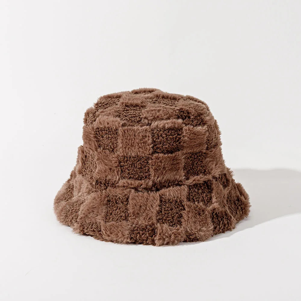 Cozy women's plush checkerboard bucket hat for warm winter/fall style. A fashionable and soft accessory.