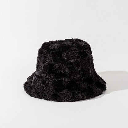 Stylish women's black & white checkerboard plush bucket hat. A warm, trendy fall/winter accessory for her.