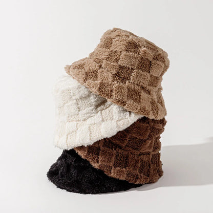 Fashionable women's plush checkerboard bucket hat. Keep warm & stylish with this cozy fall/winter accessory.