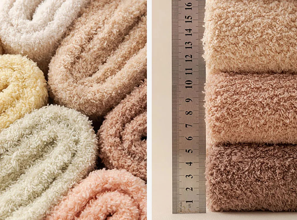 Textured image of women's plush cozy toe socks, showcasing soft material. Warm winter loungewear for home.