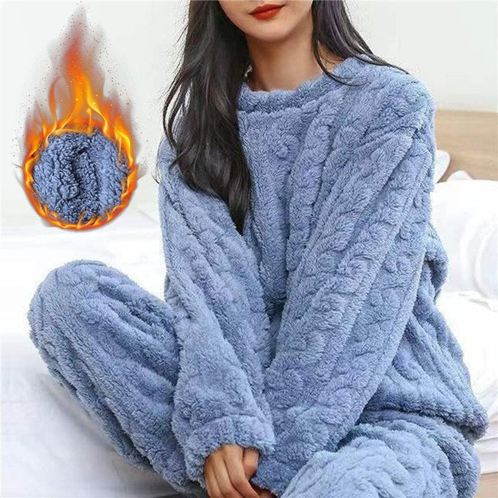 Warm women's plush pajama set, ideal cozy sleepwear for ultimate relaxation.