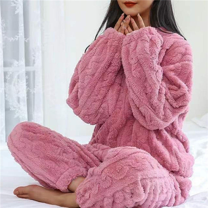 Close-up of soft texture of women's plush pajama set, comfortable warm sleepwear.