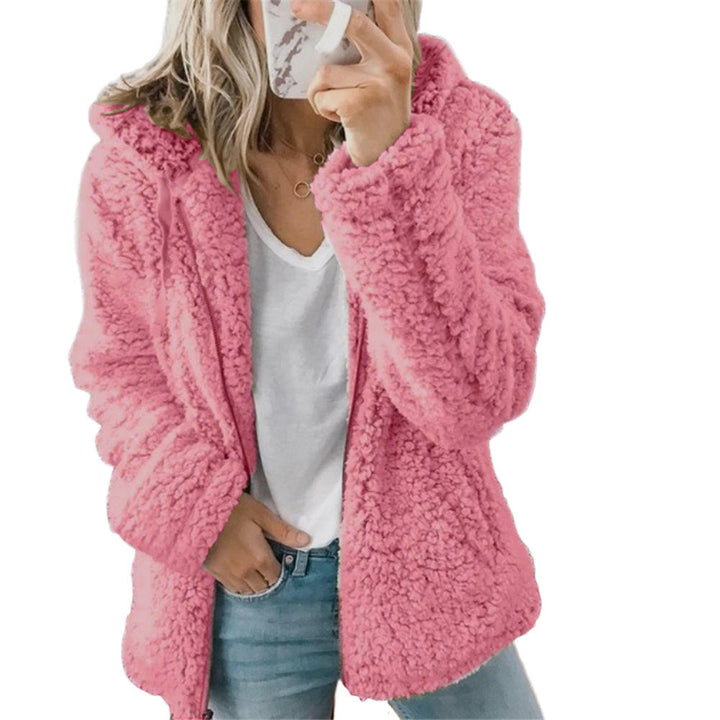 Women's plush teddy fleece jacket, super soft & warm for cozy winter & autumn style. Zippered comfort.