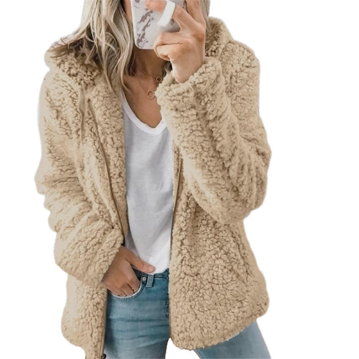 Cozy women's plush fleece teddy jacket, offering ultimate warmth & soft comfort for cold weather fashion.