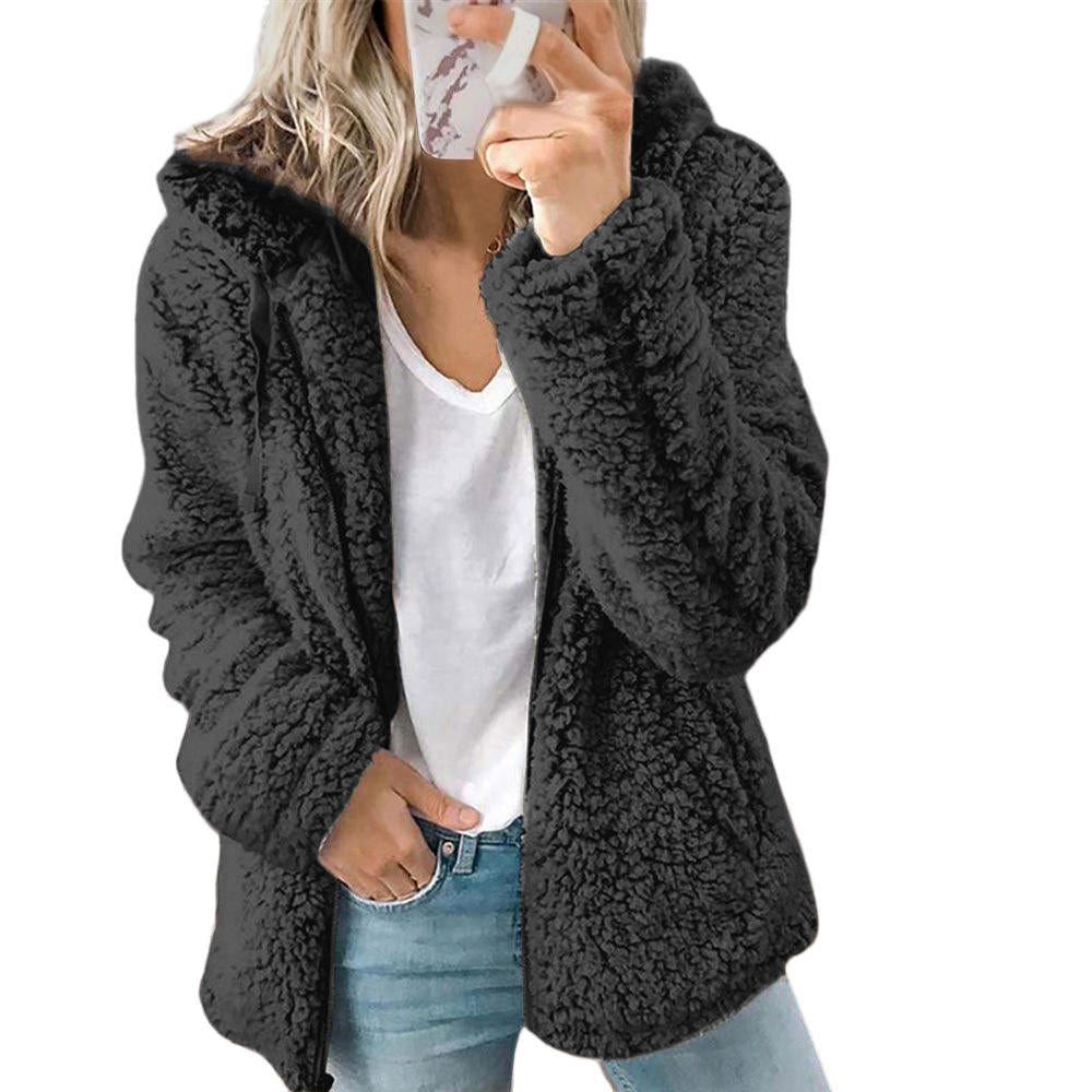 Warm women's zippered teddy fleece jacket, ideal for autumn & winter fashion. Soft, plush, and cozy.