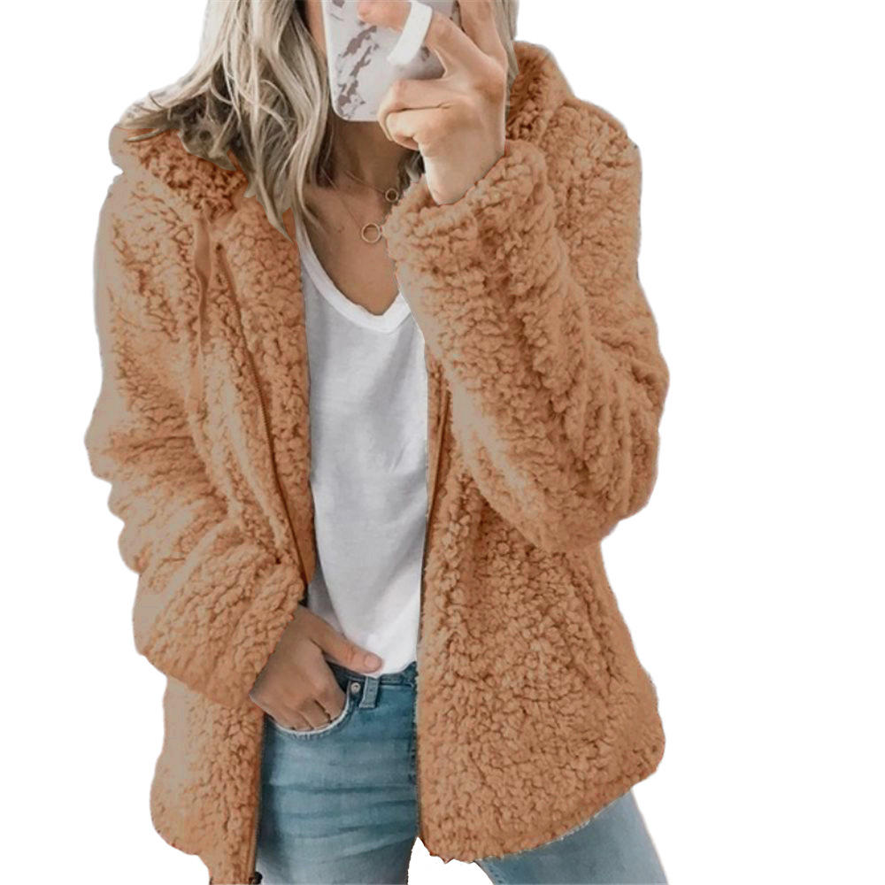 Plush teddy fleece jacket for women, a trendy and soft casual coat for stylish autumn & winter outfits.